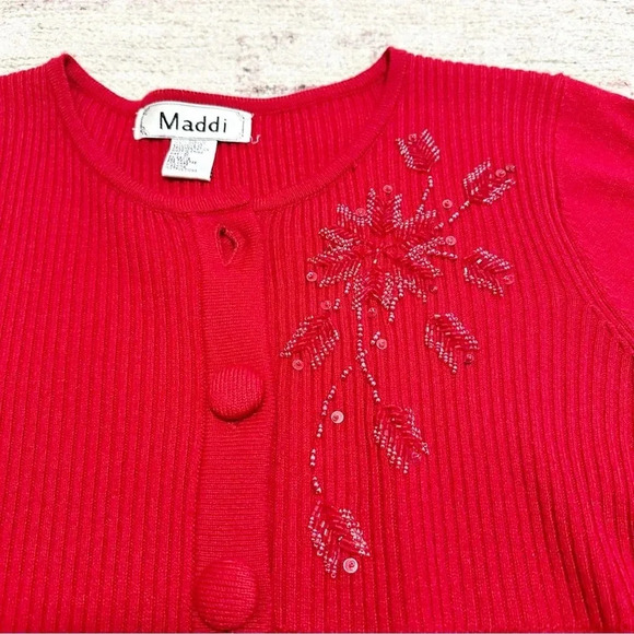 Red long sleeve button up cardigan with snowflake beaded embroidery size small - Picture 8 of 10